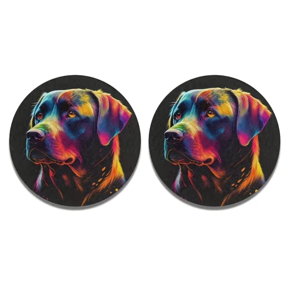 2pcs Rainbow Labrador Dog Absorbent Car Cup Holder Coaster Mats - Car Accessory